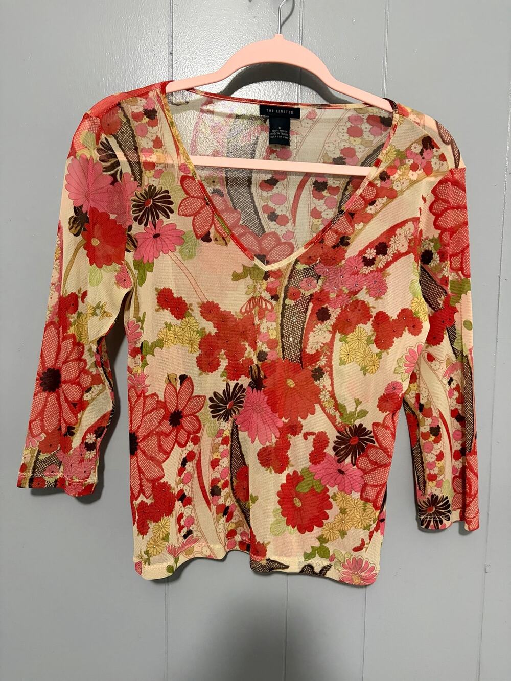 Vintage Y2K The Limited Cream Red Floral Beaded Mesh V-neck Sheer Top M